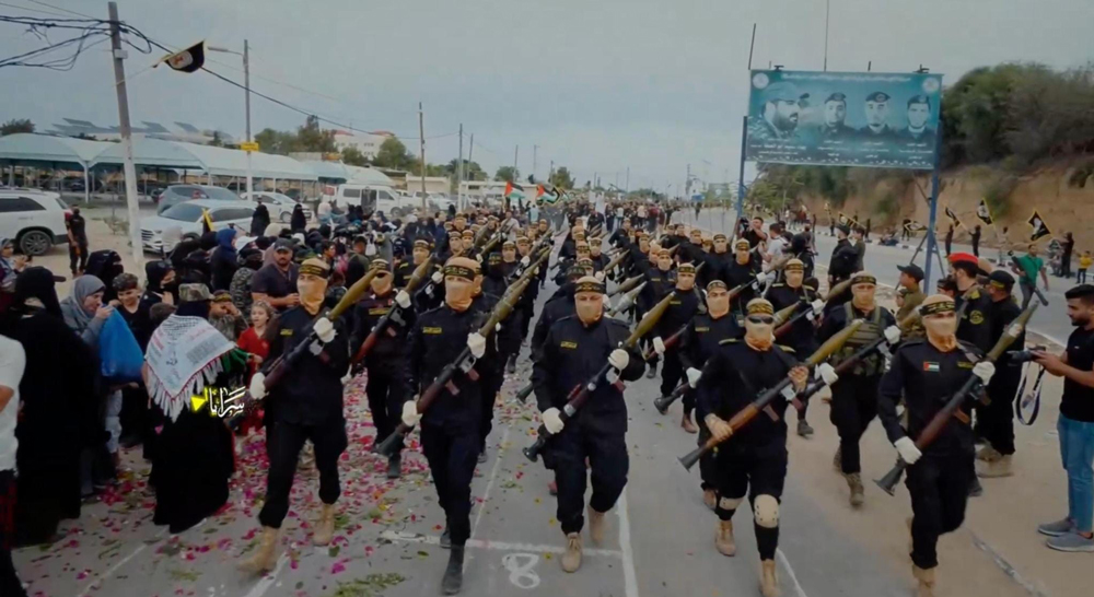 Screenshot from an Al Quds video of a parade in Gaza City marking the 36th anniversary of the founding of Palestinian Islamic Jihad, October 4, 2023.