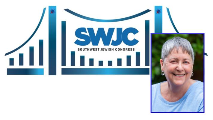 SWJC bridge logo and Susan Myers, smiling
