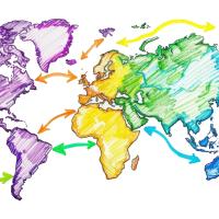 Hand drawn map of the world with arrows pointed to vaious regions