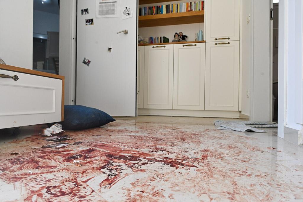 Bloodstained floor of house in Kibbutz Nahal Oz after Hamas attack