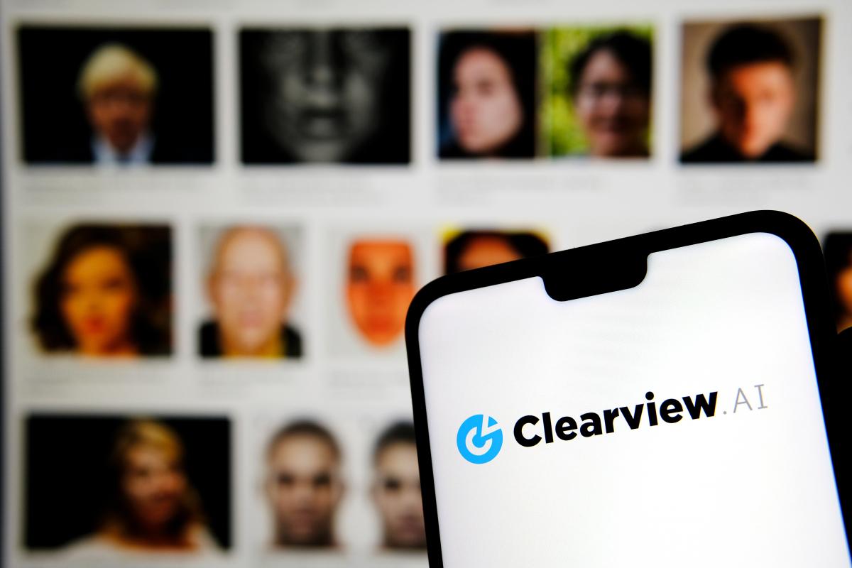 Clearview AI logo with facial images in the background