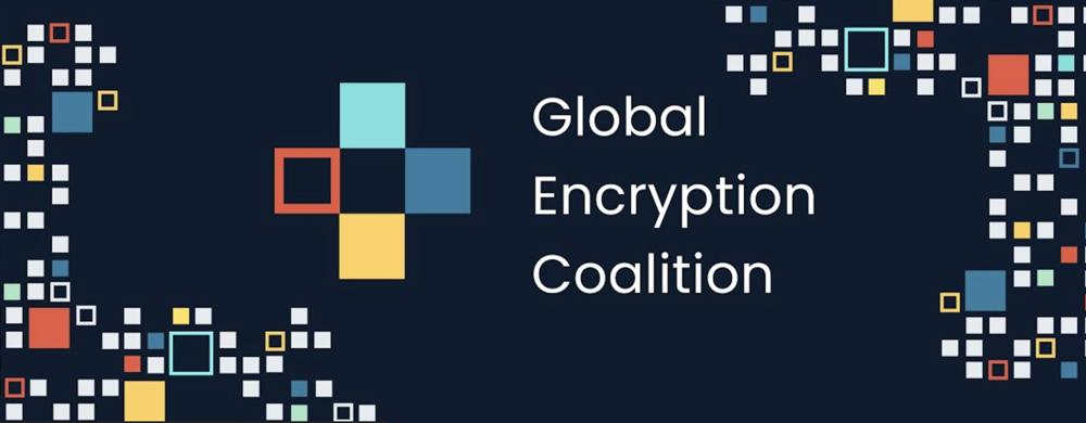 Logo of the Global Encryption Coalition (GEC). White text on a dark blue background, with multi-colored squares (dark orange, dark yellow, dark blue, and light blue / green) forming a + symbol. 