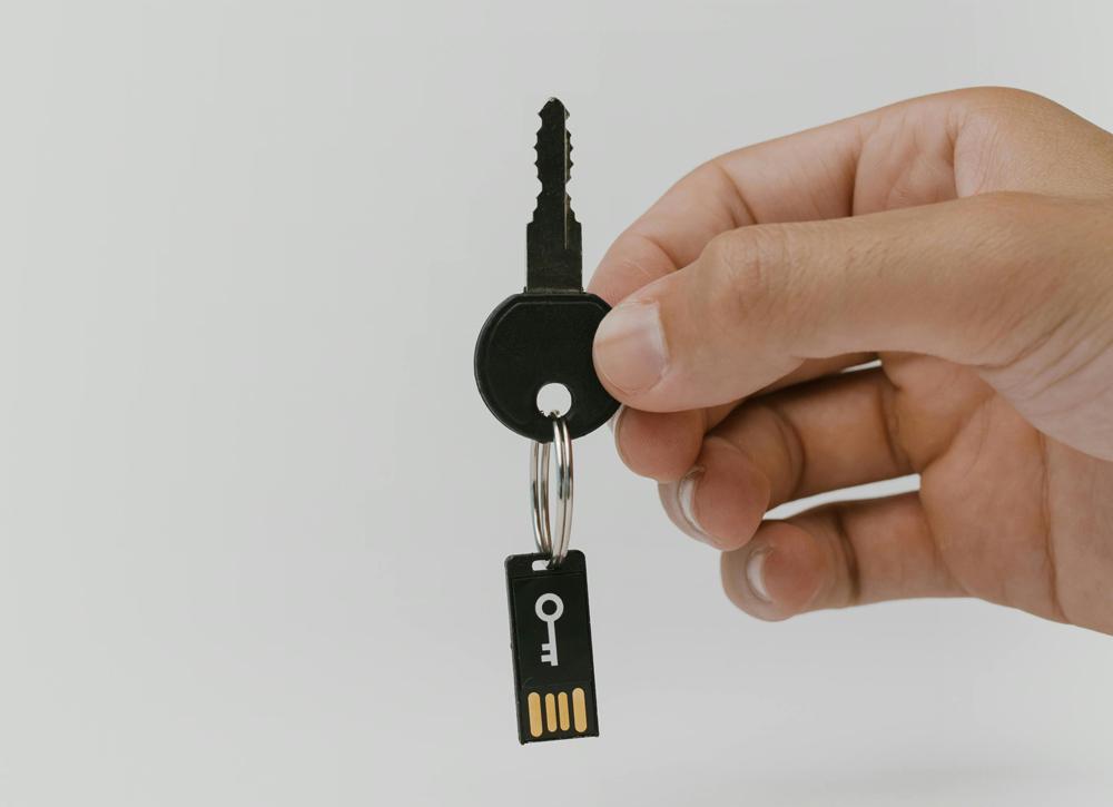 Hand holding a key, with a computer chip suspended from the key